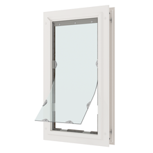 A white awning window is slightly ajar.