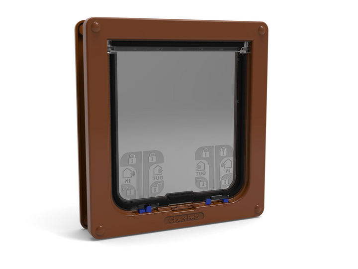 Brown-framed pet door with a translucent flap.