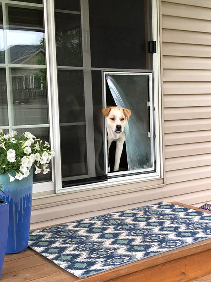 A dog peers through a dog door in a sliding glass door.