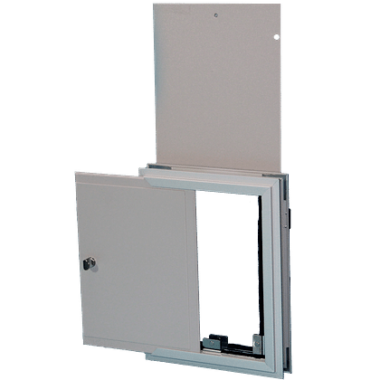 A metal access panel is shown with one door partially open and another hinged upward.