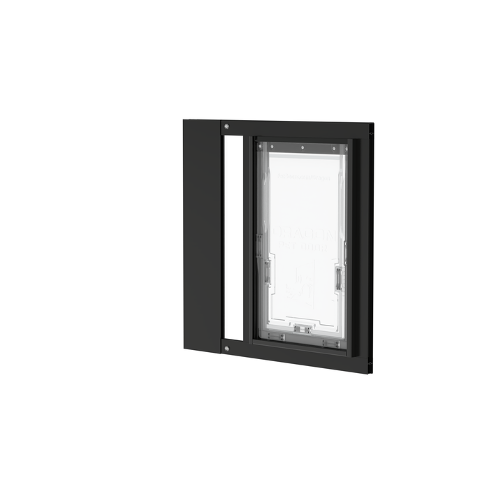  Dragon single flap pet door for sash windows, black, angled view, with locking cover. Ideal for renters and vacation homes.
