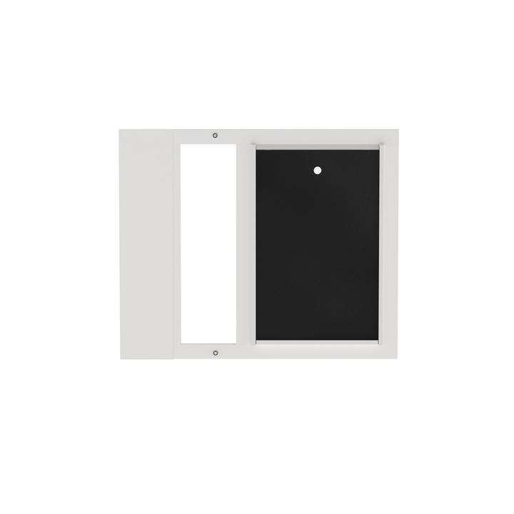  Dragon single flap pet door for sash windows, white, front view, without locking cover. Spring-loaded mechanism allows secure installation into window tracks.