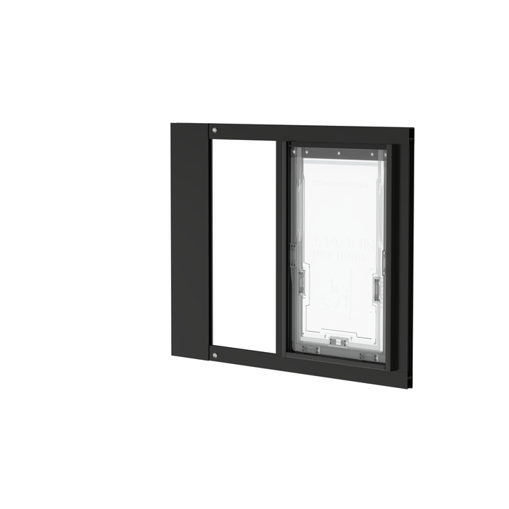  Dragon single flap pet door for sash windows, black, angled view. Sturdy aluminum frame available in black or white.