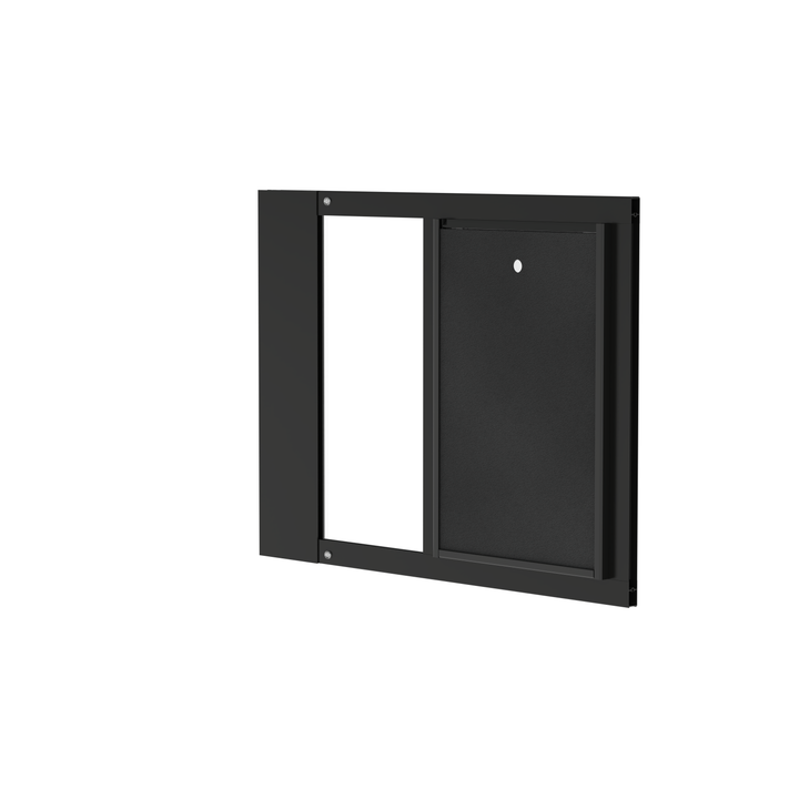  Dragon single flap pet door for sash windows, black, front view, with locking cover. Translucent, flexible flap is easy for pets of all sizes to use.