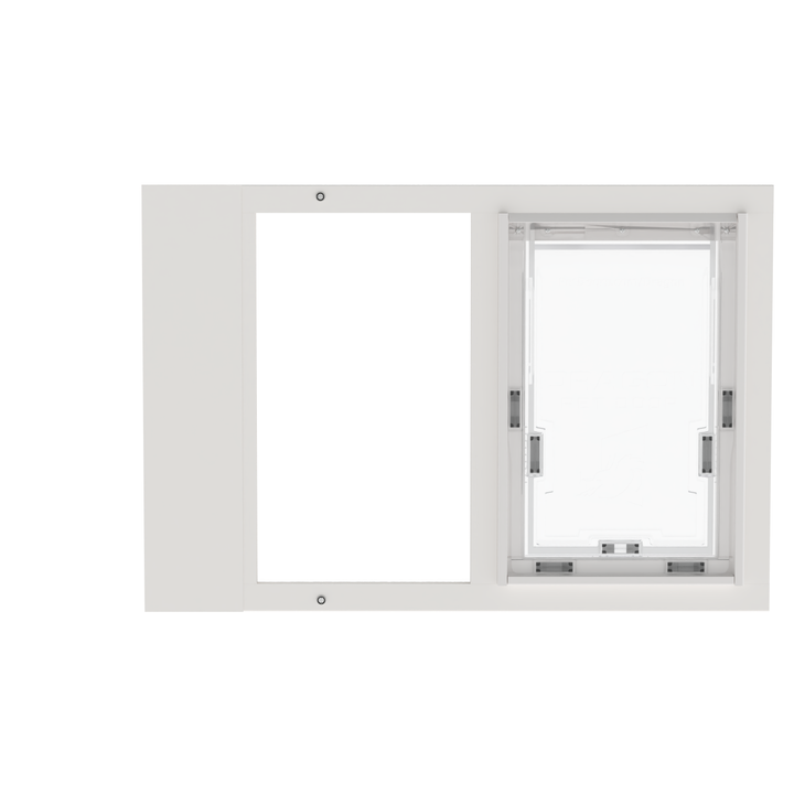  Dragon single flap pet door for sash windows, white, front view. Ideal for renters and vacation homes.