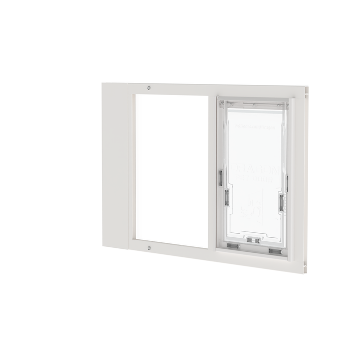  Dragon single flap pet door for sash windows, white, angled view. Translucent, flexible flap is easy for pets of all sizes to use.