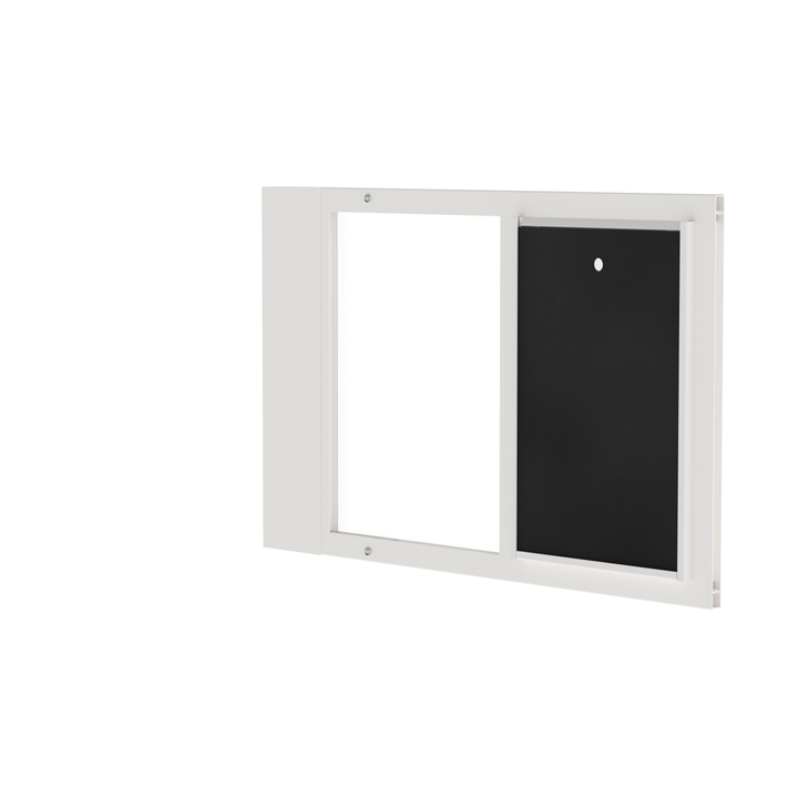  Dragon single flap pet door for sash windows, white, angled view. Spring-loaded mechanism allows secure installation into window tracks at least 1" thick.