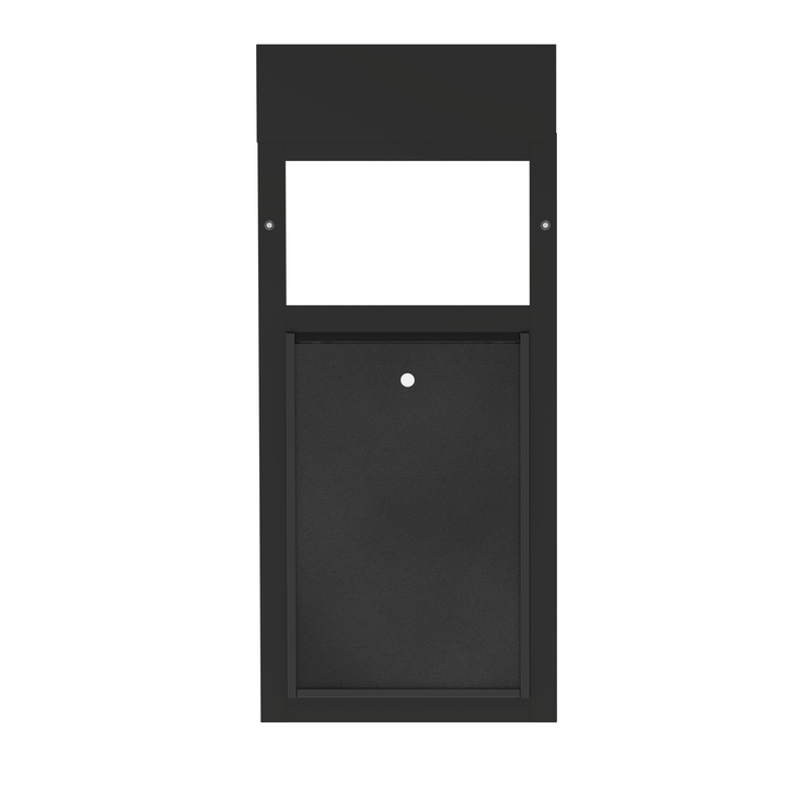 Black Dragon double flap pet door for windows, tilted open with locking cover. Sturdy, black locking cover for added security when needed.