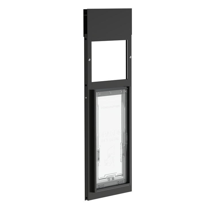  Dragon large single flap pet door for windows, black, angled view.