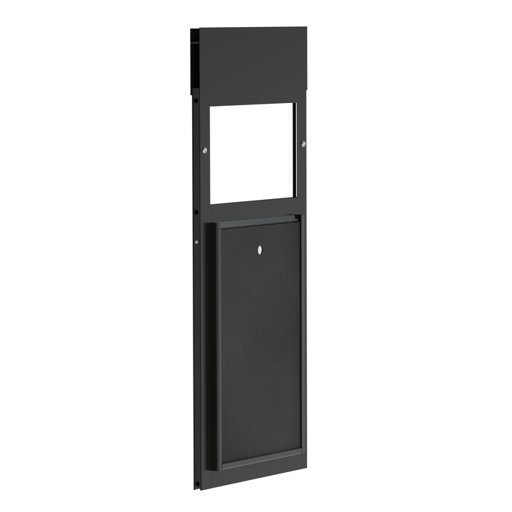 Black Dragon double flap pet door for windows, tilted open with locking cover. Sturdy, black locking cover for added security when needed.