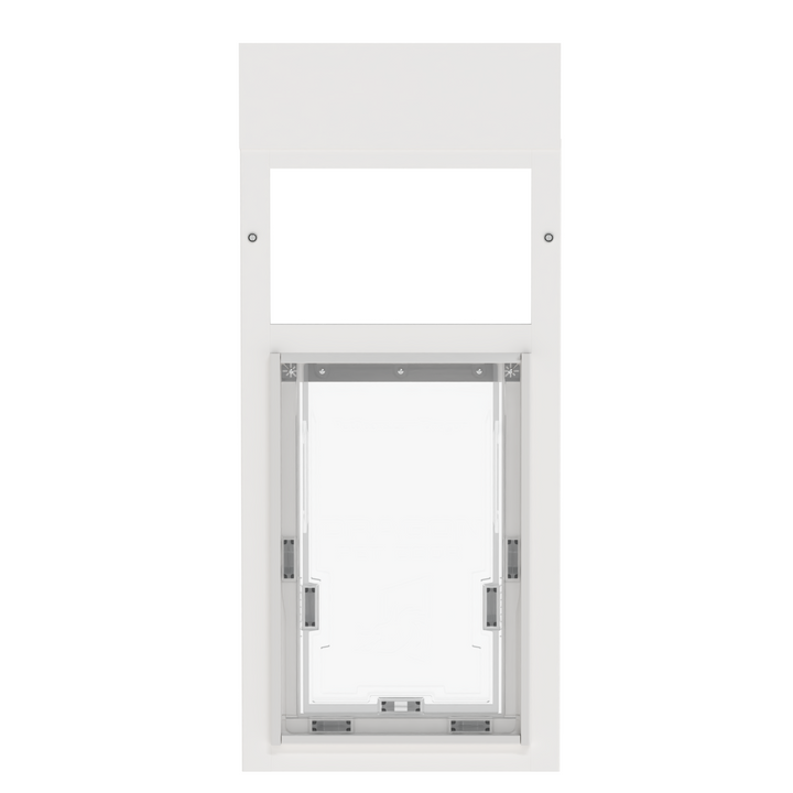 White Dragon double flap pet door for windows, front view. Efficient double flap design maximizes insulation and seals pet door opening.