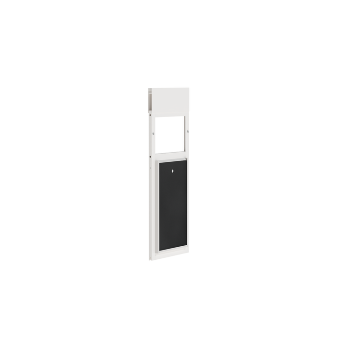White Dragon double flap pet door for windows, tilted open with locking cover. Replacement flaps available for easy maintenance.