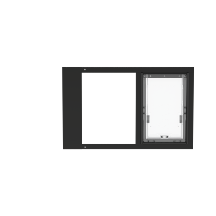  Dragon single flap pet door for sash windows, black, front view. Single pane, tempered glass design is perfect for moderate climates.