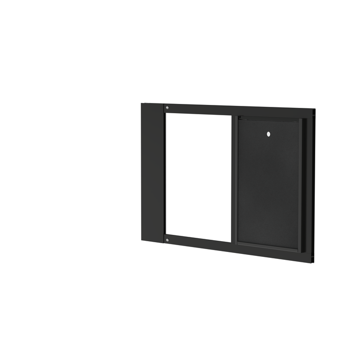  Dragon single flap pet door for sash windows, black, angled view. Two-piece flap design for improved sealing and insulation.