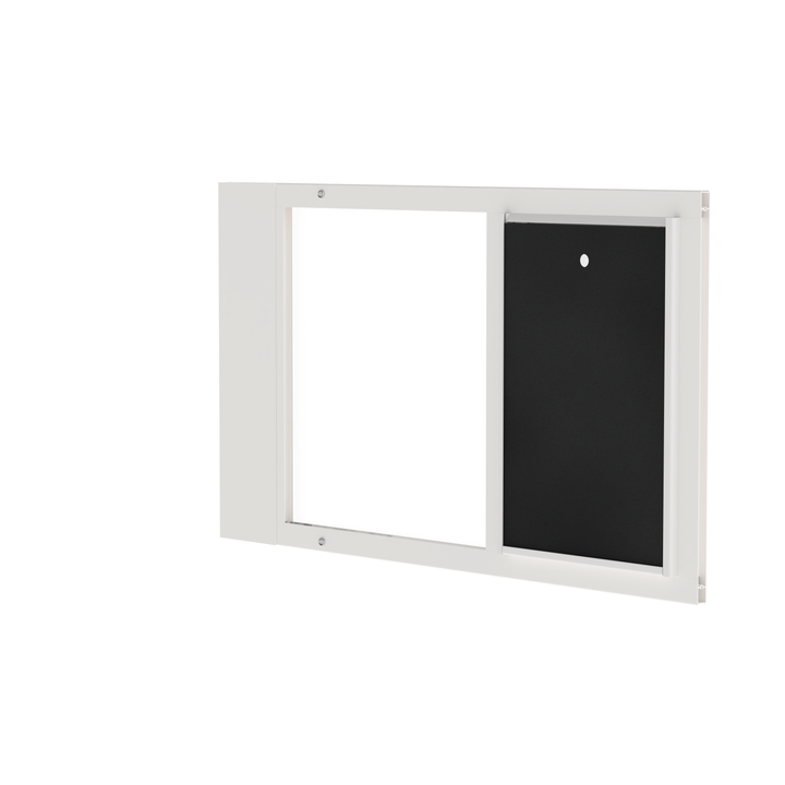  Dragon single flap pet door for sash windows, white, front view. Flexible flap is easy for pets of all sizes to use.