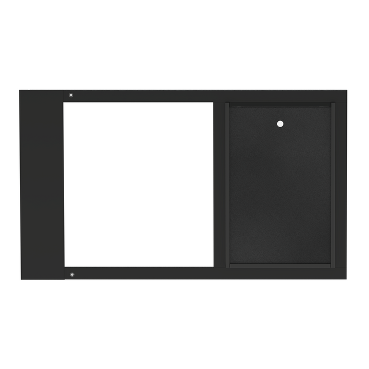  Dragon single flap pet door for sash windows, black, front view, with locking cover. Ideal for renters and vacation homes.