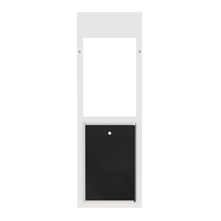 A white Dragon brand double flap pet door insert for windows, front view with locking cover. The door is spring-loaded for quick and easy installation, making it an ideal choice for renters or vacation homes.