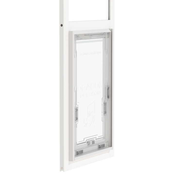 A zoomed-in front view of a white aluminum sliding glass door insert for a large Dragon brand pet door, with a topper panel, closed.