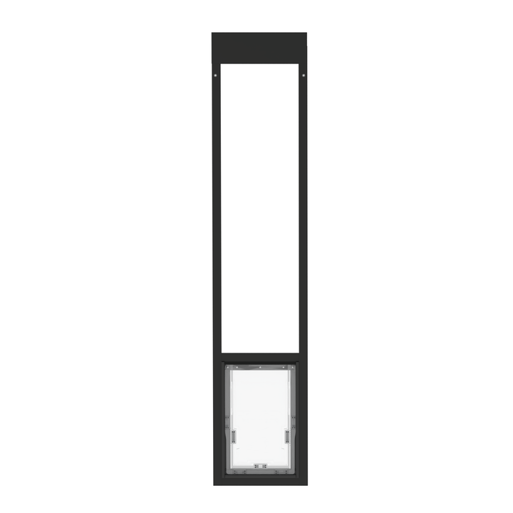  Black Dragon single flap pet door for aluminum sliding glass doors, front view. Removable pet door solution for aluminum sliding glass doors. 