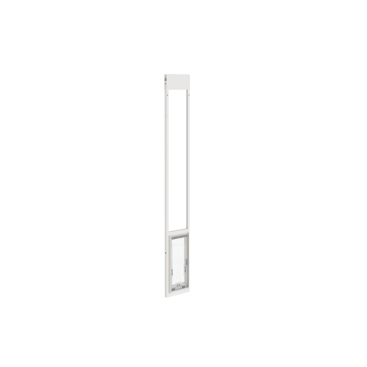 White Dragon single flap pet door for aluminum sliding glass doors, front view, angled. Fits sliding door track heights ranging from 74.75" to 96.25".