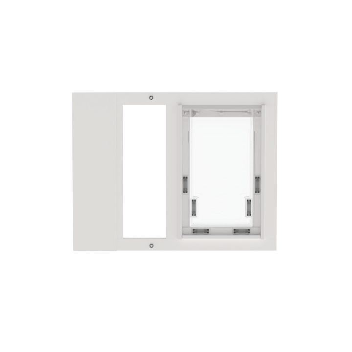  Dragon single flap pet door for sash windows, black, front view. Adjustable width accommodates sash windows ranging from 22" to 43" wide.