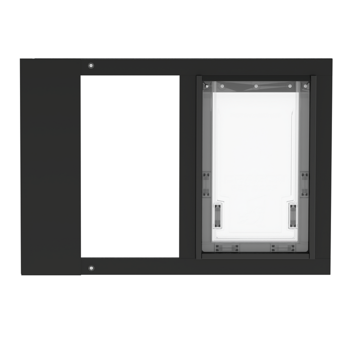 Dragon single flap pet door for sash windows, black, front view, with locking cover. Spring-loaded mechanism for secure installation in window tracks at least 1" thick.