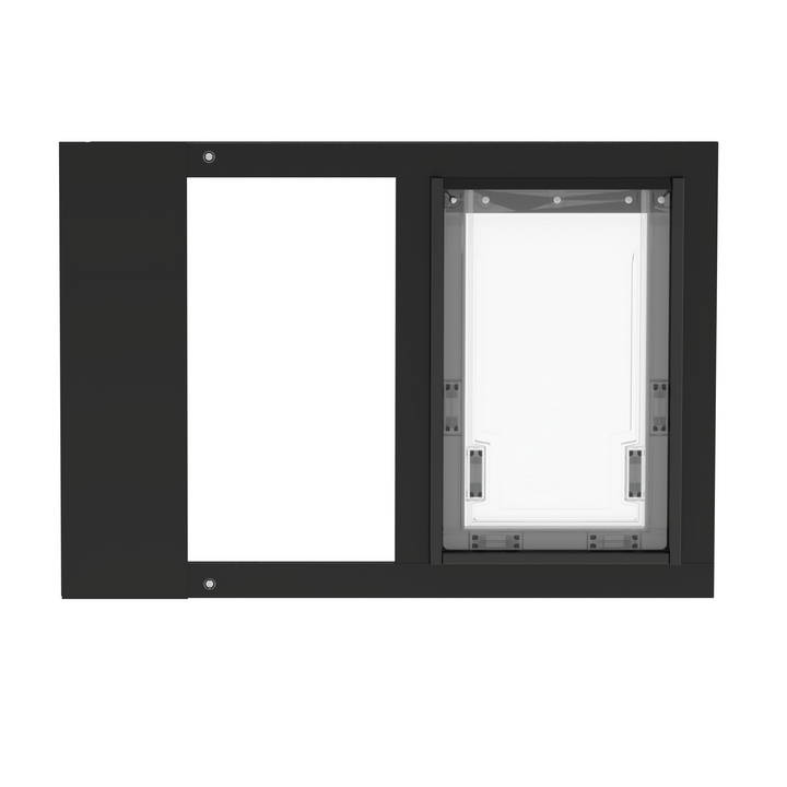 Black Dragon double flap pet door insert for sash windows, front view, closed, with locking cover. Easy installation with spring-loaded mechanism.