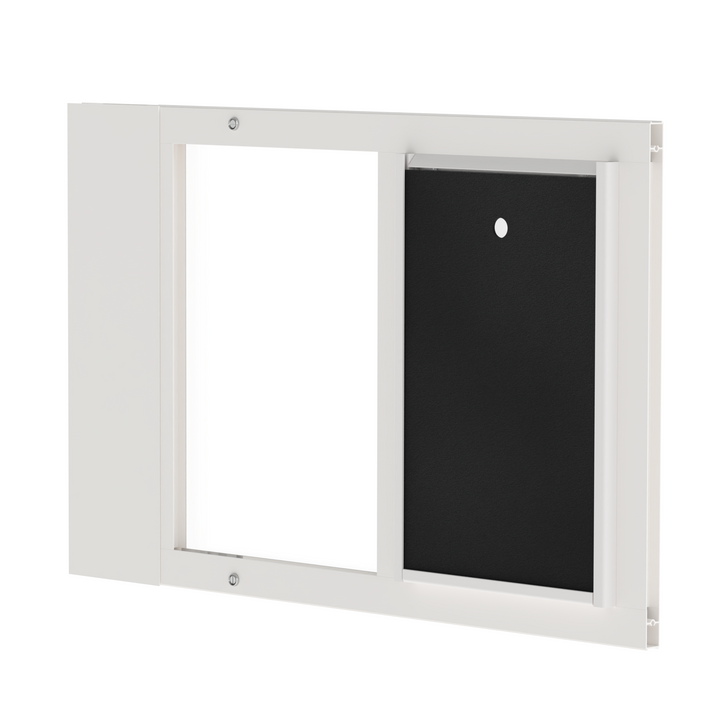  Dragon single flap pet door for sash windows, white, front view, with locking cover. Single pane, tempered glass design is perfect for moderate climates.