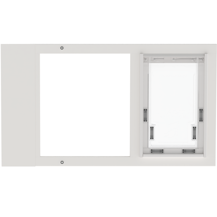  Dragon single flap pet door for sash windows, white, front view. Adjustable width accommodates windows ranging from 22" to 43" wide.