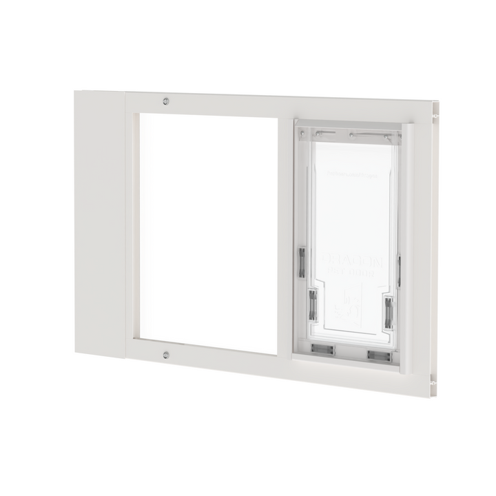  Dragon single flap pet door for sash windows, angled view, white, with locking cover. Ideal for renters and vacation homes.