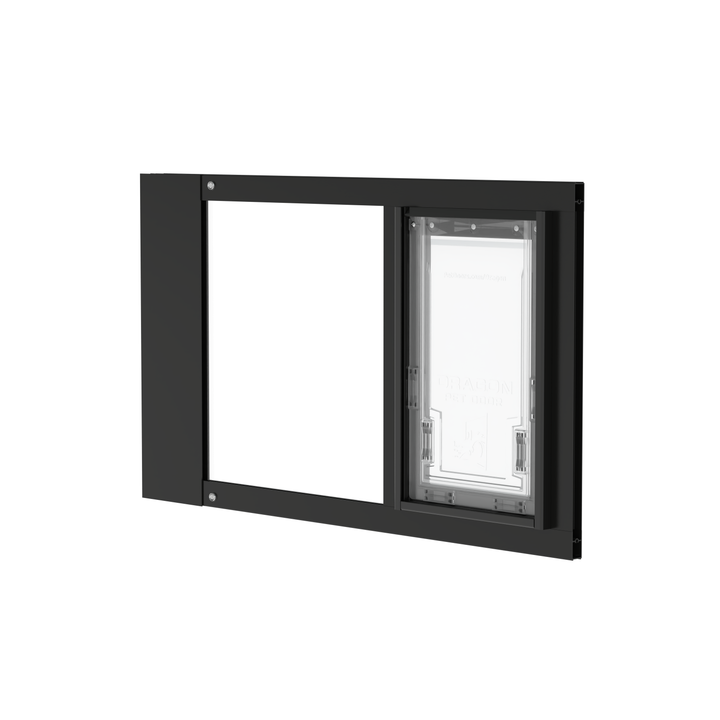 Black Dragon double flap pet door insert for aluminum sash windows, front view, tilted. Top-loading locking cover restricts pet access and adds security when needed.