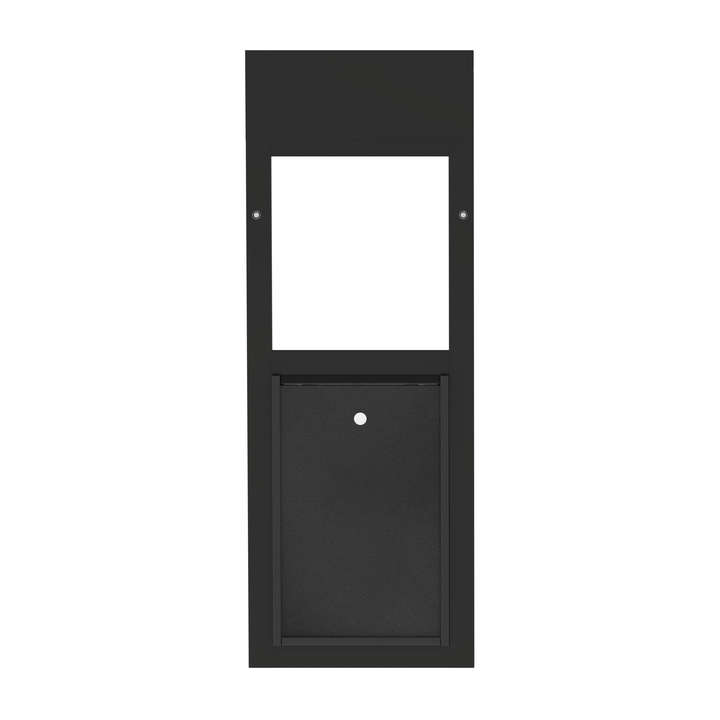 A black Dragon brand double flap pet door insert for windows, front view with locking cover. The door is available in black or white to match your existing window frame.