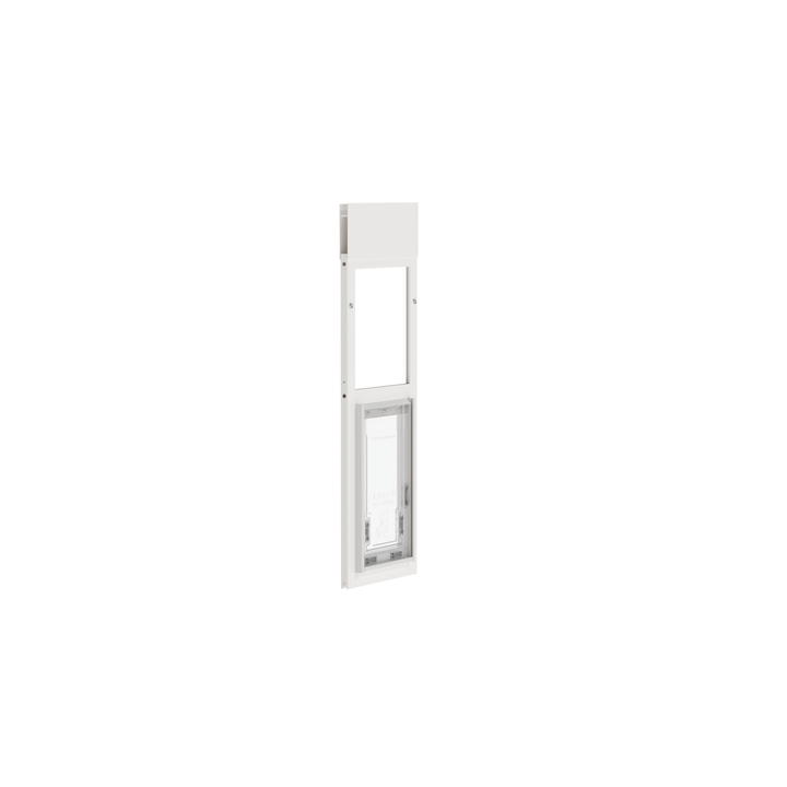  Dragon medium single flap pet door for windows, white, angled view.