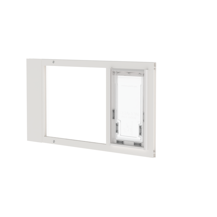  Dragon medium single flap pet door for sash windows, angled view, black. Spring-loaded mechanism allows secure installation into window tracks at least 1" thick.