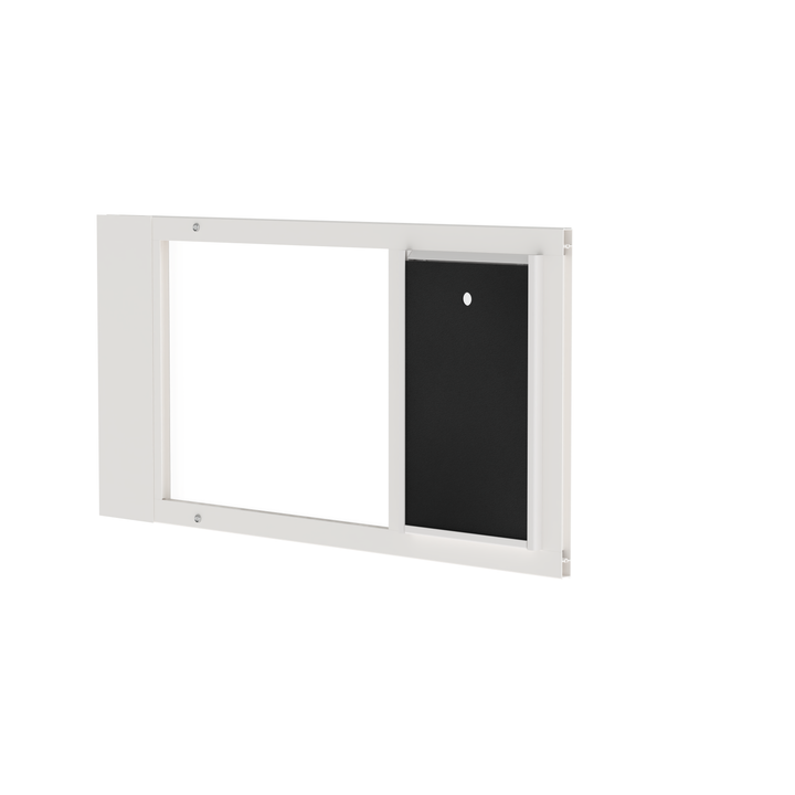  Dragon medium single flap pet door for sash windows, angled view, white. Two-piece flap design for improved sealing and insulation.