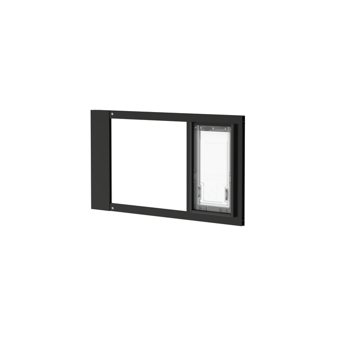 A zoomed-in front view of a black Dragon brand double flap pet door insert for aluminum sash windows, slightly tilted open.