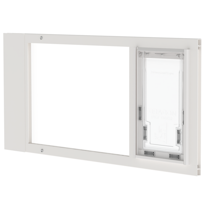  Large white Dragon single flap pet door for sash windows, front view. Sturdy aluminum frame available in black or white, with a translucent, flexible flap suitable for pets of all sizes.