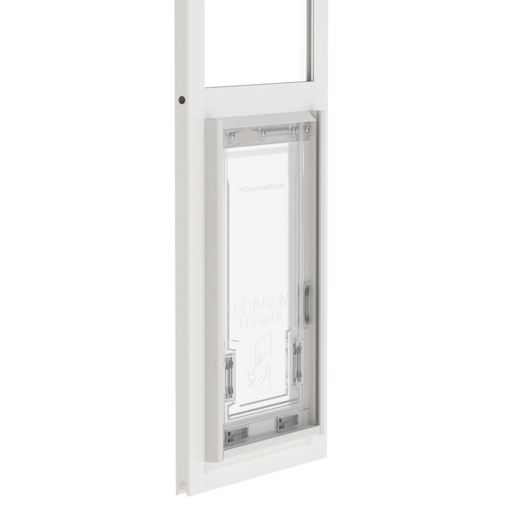 Dragon single flap pet door for aluminum sliding glass doors, sizing diagram. Fits sliding door track heights ranging from 74.75" to 96.25".