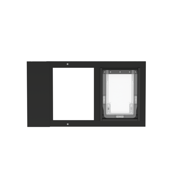 Black Dragon double flap pet door insert for sash windows, front view, angled. Sturdy aluminum framing available in black or white, with UV-resistant additives for durability.