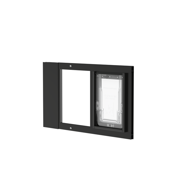 Black Dragon double flap pet door insert for sash windows, front view, angled. Adjustable width ranges to fit windows 22"-43" wide.