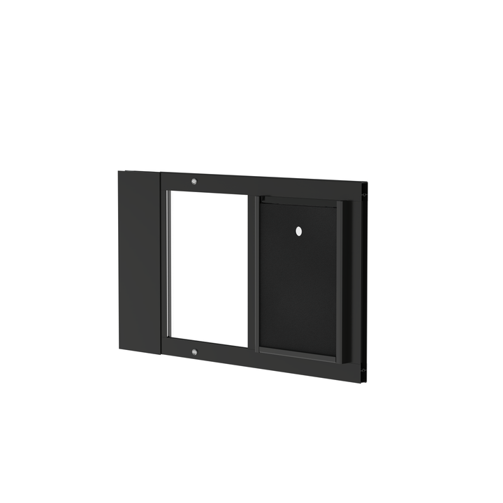  Dragon small single flap pet door for sash windows, black, angled view with locking cover.