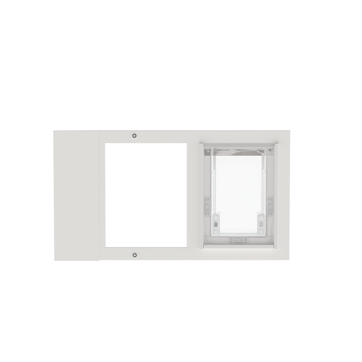  Dragon small single flap pet door for sash windows, white, front view without locking cover.