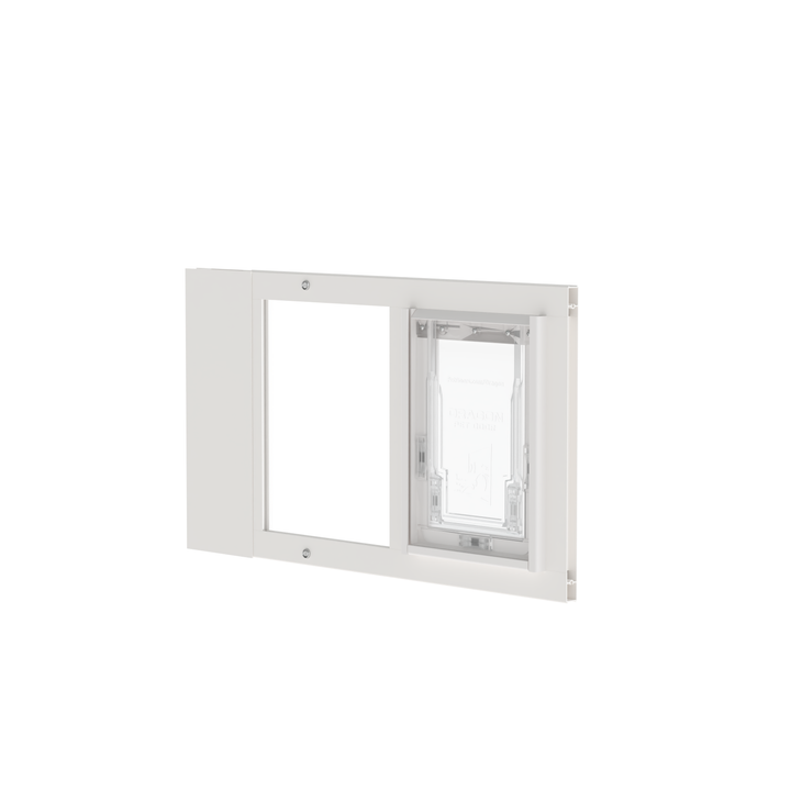  Dragon small single flap pet door for sash windows, white, angled view with locking cover.