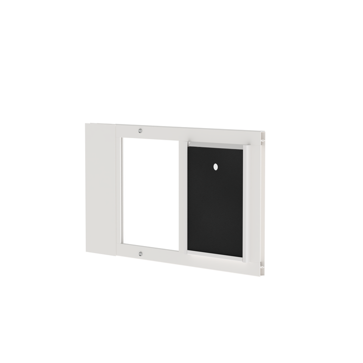  Dragon small single flap pet door for sash windows, white, front view with locking cover.