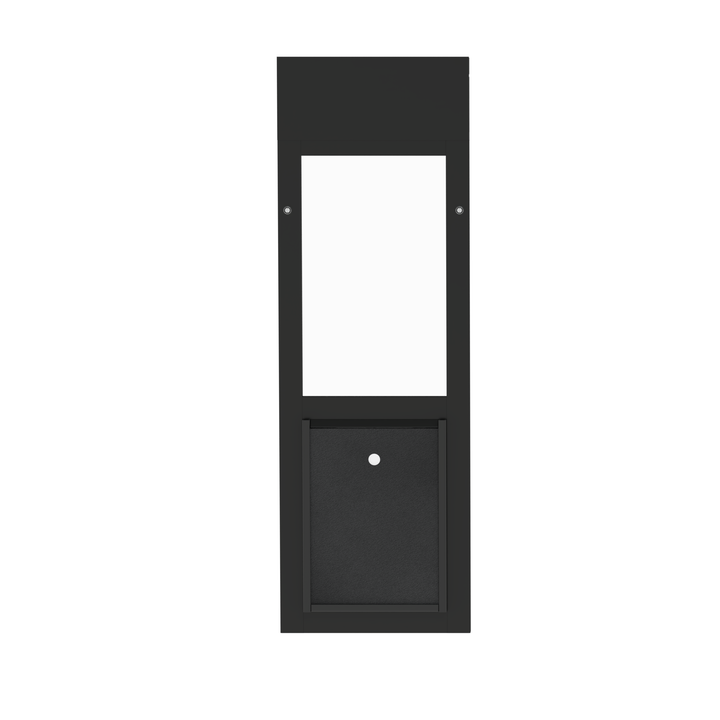  Dragon small single flap pet door for windows, black, angled view with locking cover.