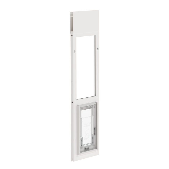 White Dragon Double Flap Pet Door for Windows from the front, showing the two flaps tilted open.