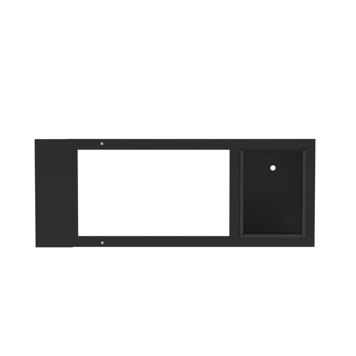  Dragon small single flap pet door for sash windows, black, front view with locking cover.