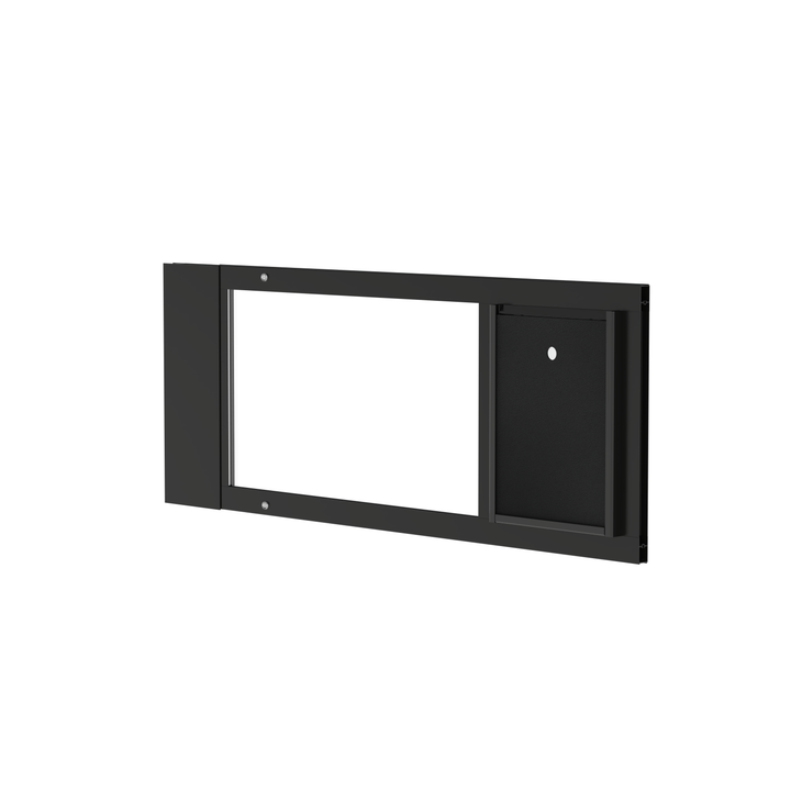 Black Dragon double flap pet door insert for sash windows, front view, angled, with locking cover. Ideal for renters or vacation homes.