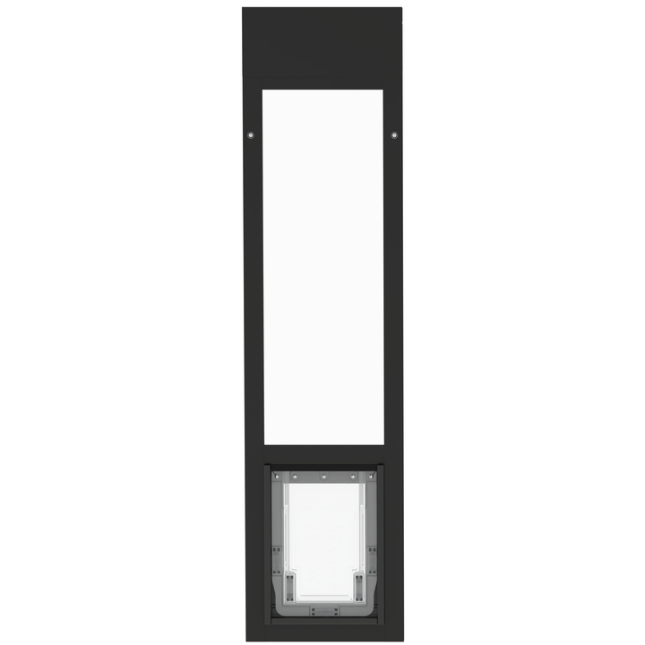  Dragon small vinyl window pet door, black, angled view, front open.