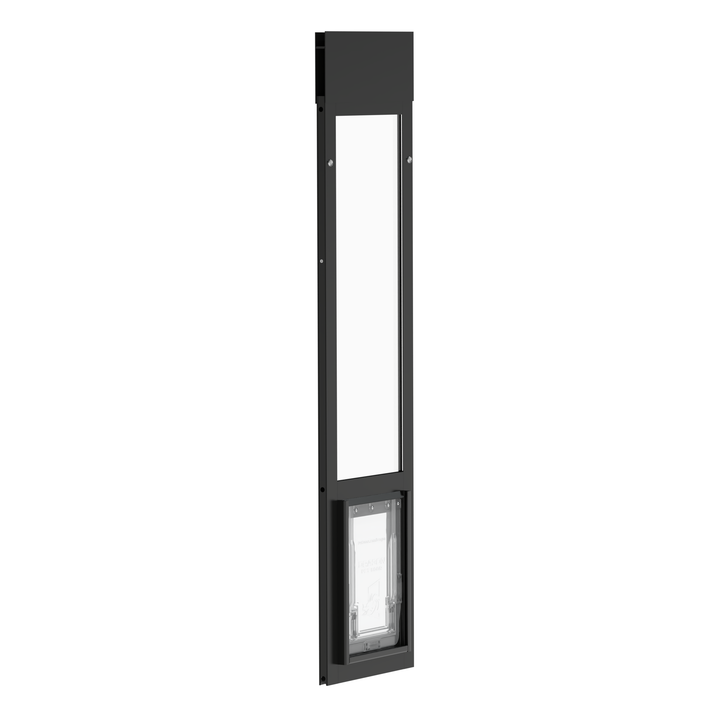  Dragon small single flap pet door for windows, black, installed in sliding window.